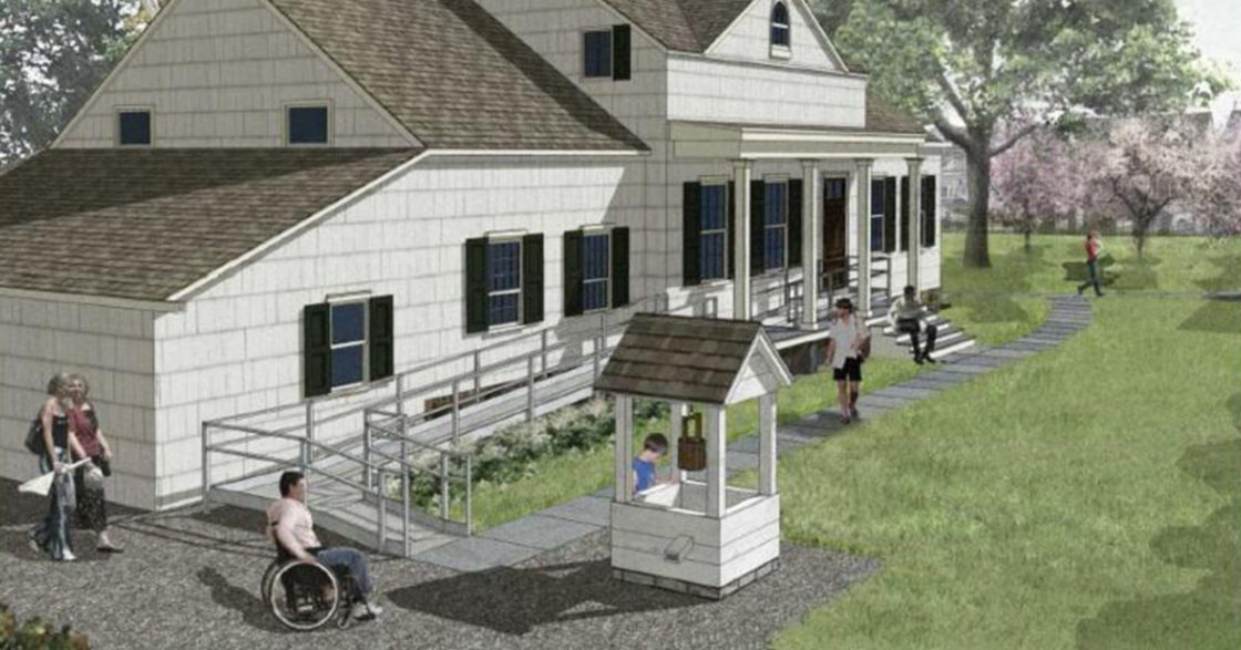 An rendering of the Hendrick I. Lott House that shows plan to build an accessibility ramp to the front door. The Lott House is white with green shutters and the yard has a white well. People are scattered across the yard, including a girl looking into the well and a girl in a wheelchair.