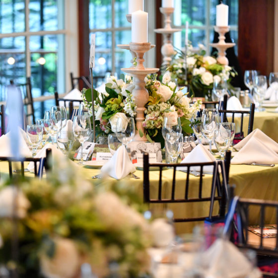 Flowers and table settings at HHT's 2019 gala.
